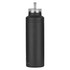 A drink bottle in matte black with a silver top and a built-in straw. It features a logo.