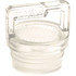 A drink bottle cap in clear plastic, featuring a textured grip and an integrated handle. It has a logo on the side.
