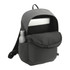 A black computer backpack made from recycled material, featuring a front pocket and a drink bottle in an exterior side pocket.