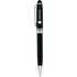 A black ballpoint pen with a silver clip and branding on the barrel.