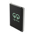 A black hardcover notebook with a green logo and an embedded bookmark. Features an elastic band for closure.