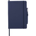 A navy blue hardbound journal with an elastic closure and a pen loop, featuring a logo on the cover.