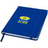 A blue hard cover notebook with an elastic band closure and a logo on the front.