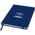 A navy A5 hard cover notebook with an elastic band, featuring a logo on the front and white pages.