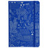 A blue A5 hard cover notebook featuring various intricate white patterns, with a band for secure closure and a logo on the cover.
