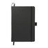 A black A5 journal with a textured cover, featuring a black elastic closure and a ribbon marker.