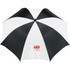 A black and white striped golf umbrella featuring a logo, with a spacious canopy for protection against the elements.