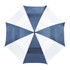 A vented golf umbrella featuring a navy and white design with a signature logo.
