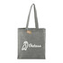 A grey cotton twill tote bag with two handles and a logo on one side.