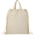 A neutral-coloured recycled cotton drawstring bag with rope closures and short handles, featuring a logo.