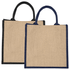 Medium jute gift tote in natural and black with navy accents, featuring sturdy handles and a logo.