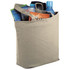A beige zippered tote bag filled with a drink bottle, snacks, and a magazine. It features sturdy handles and a logo.