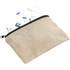 A beige recycled cotton twill pouch containing white earphones and a charger cable, with a black zip closure.