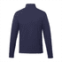 A navy quarter zip jacket with long sleeves and a collar, featuring a logo on the back.