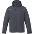 A men's fleece-lined jacket in dark grey with a hood and zippered pockets, featuring a logo on the chest.