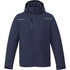 A navy fleece lined jacket for men with a hood, featuring a zip front and a logo.