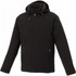 A black men's insulated softshell jacket with a hood, featuring zippered pockets and a logo.