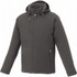 A men's softshell jacket in dark green featuring a hood and zippered pockets, with a logo on the fabric.