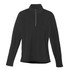 A black women's quarter zip jumper with long sleeves and a high collar, featuring a branding logo.
