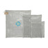 Three grey recycled cotton mesh pouches of varying sizes, one featuring a logo. Ideal for organising toiletries.
