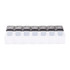 A clear pill case with grey lids labelled for each day and time for medication organisation.