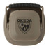 A compact, khaki-coloured mini camping lantern with a handle and a logo on the front.