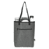 A grey cooler tote bag with a water bottle, a plate, and a checkered cloth visible inside. Features a front zip pocket.