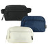 A collection of three recycled sport bum bags in black, navy, and white, each featuring a front zipper pocket and branding.