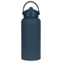 A drink bottle in a matte navy colour with a handle and a screw-top lid, featuring a logo.