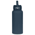 A drink bottle in navy blue with a rubber-coated finish and a metal handle. Features a branded logo.