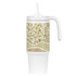 A drink bottle featuring a white base and colourful indigenous-style patterns, complete with a handle and a straw.