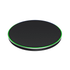 A black Qi wireless charger with a minimalistic design and a subtle multicoloured LED ring around the edge.