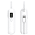 A white powerbank with a sleek design, featuring a digital display and a logo. It's compact and portable.