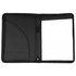 A black recycled A4 zip portfolio featuring a pocket and lined notepad inside. Contains a logo.