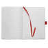 A bound journal in white with red accents, featuring lined pages and a red ribbon bookmark.