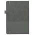 A5 notebook in grey with a textured cover and elastic closure, featuring recycled paper. It includes a logo.