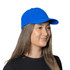 A blue cap with a curved brim and adjustable strap, featuring a logo on the front.