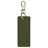 A rectangular keychain in olive green with a silver clip and ring for attaching to keys or bags.
