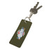 A rectangular olive green keychain with a logo, attached to several keys.