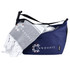 A navy cooler bag with a white and grey towel peeking out, featuring a logo on both items.