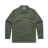 An olive green service jacket with a collar and two side pockets. The jacket features a logo.