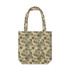 A tote bag featuring a camouflage pattern in shades of green and beige, with two sturdy handles.