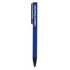 A blue metal ballpoint pen with a clip and branding on the barrel.