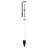 A black and white ballpoint pen with a branding logo, designed from recycled aluminium.
