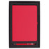 A red journal and pen gift set displayed in a black box with a foam insert. The box includes a logo.