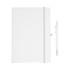 A white journal with a matching pen beside it, featuring a sleek design and an included logo.