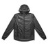 A black unisex windbreaker featuring a hood, full zip, and front pockets, with a logo present on the chest.