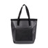 A grey bucket bag with black straps and a front mesh pocket, featuring a logo.