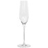 A tall, clear champagne flute with a slender stem and wide base, featuring a logo on the glass.