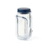 A clear plastic salad jar with a navy blue lid and a handle, featuring a curved design.